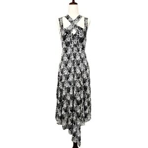 FREE PEOPLE | Floral Lace Asymmetric Midi Dress Size XS Black White Strappy Boho